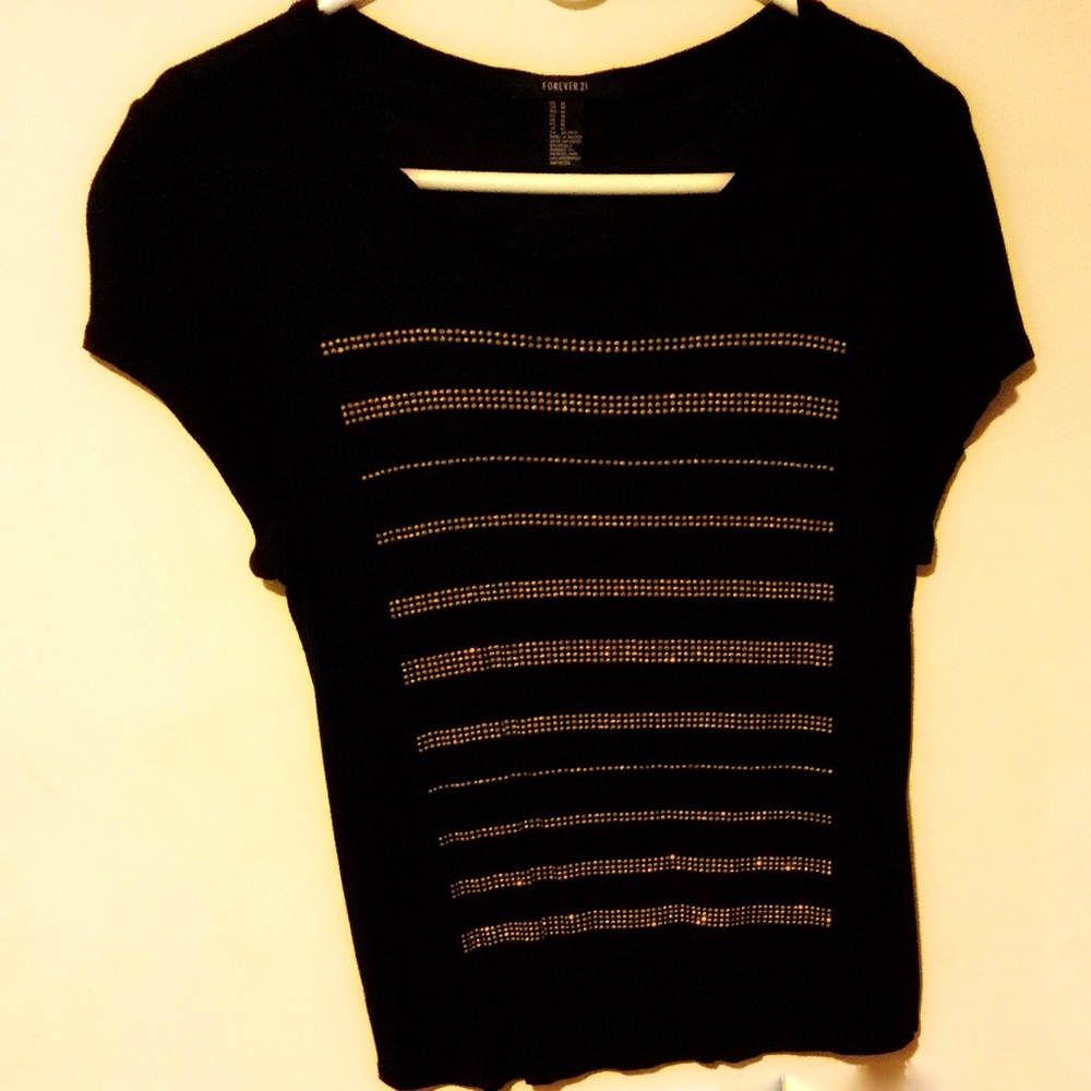 Black Tee with Gold Stones, Medium EUC
